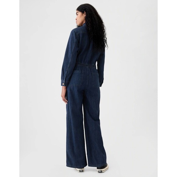 New Gap Jumpsuit Denim Cargo Wide Leg Size 10 Dark Blue Long Sleeve Full Zip NWT - Picture 2 of 16